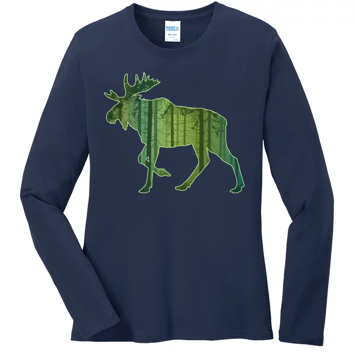 Moose Forest Silhouette Ladies Long Sleeve Shirt