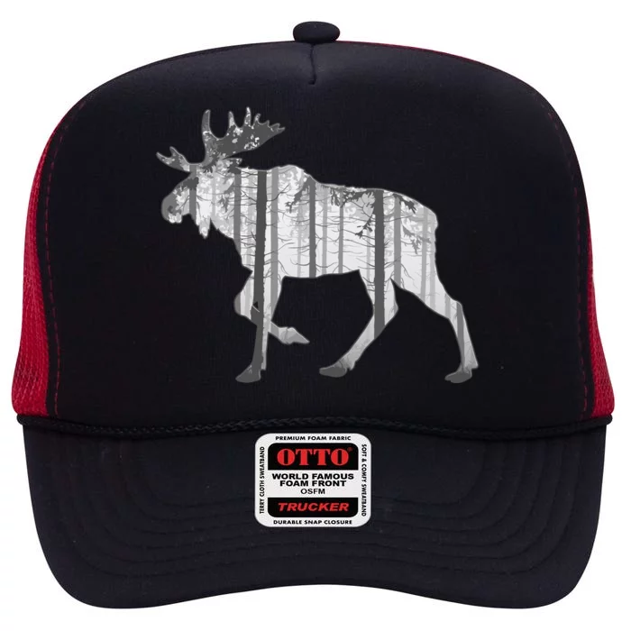 Moose Forest Silhouette Grey Style High Crown Mesh Trucker Hat