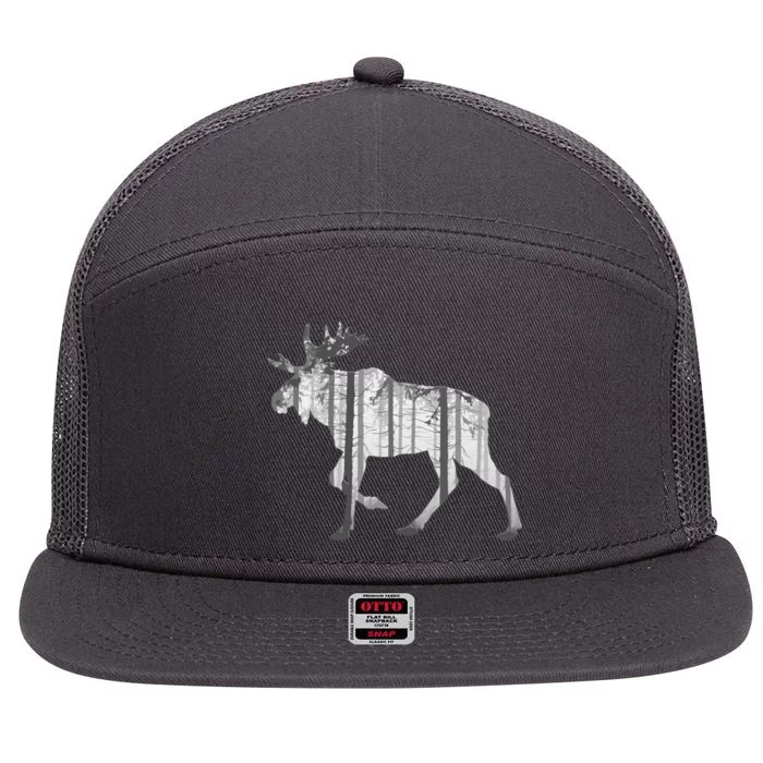 Moose Forest Silhouette Grey Style 7 Panel Mesh Trucker Snapback Hat