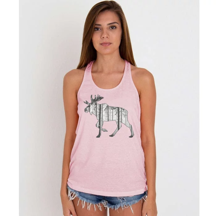 Moose Forest Silhouette Grey Style Women's Knotted Racerback Tank