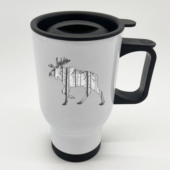 Moose Forest Silhouette Grey Style Front & Back Stainless Steel Travel Mug