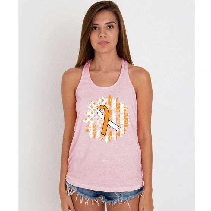 Ms Orange Ribbon Multiple Sclerosis Awareness Sunflower Gift Women's Knotted Racerback Tank