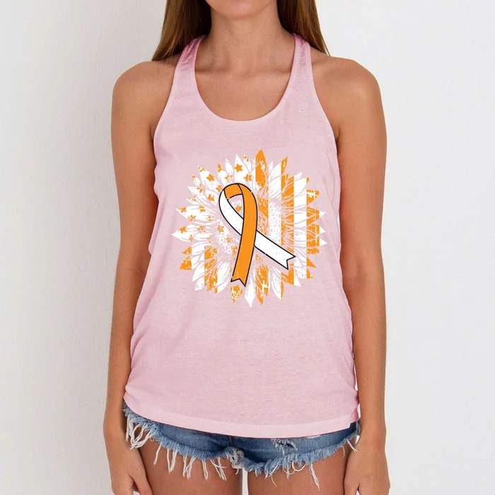 Ms Orange Ribbon Multiple Sclerosis Awareness Sunflower Gift Women's Knotted Racerback Tank