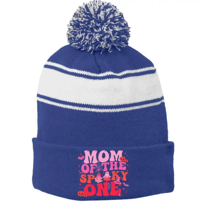 Mom Of The Spooky One Halloween Ghost Spooky Stripe Pom Pom Beanie