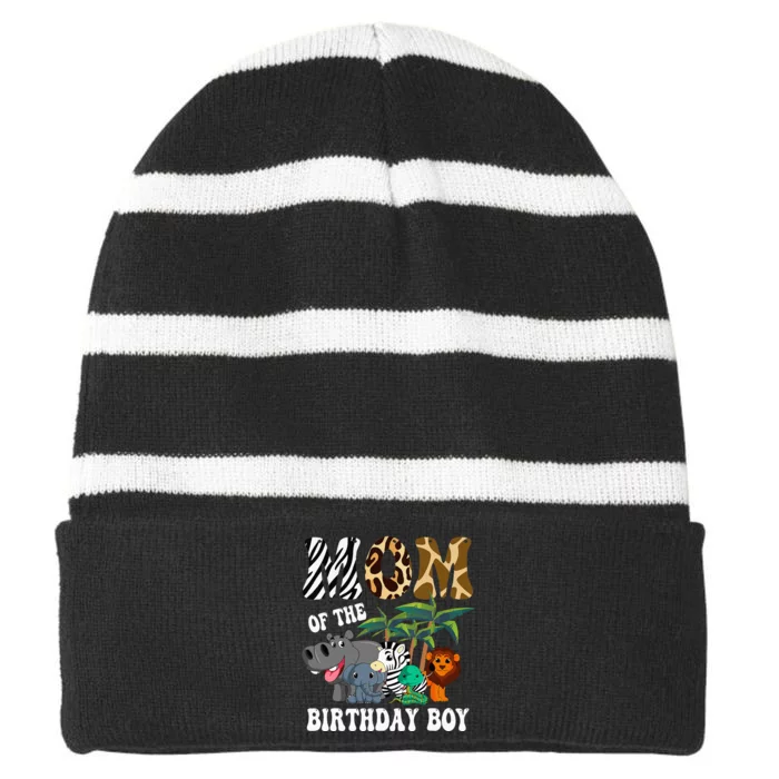 Mom Of The Birthday Boy Zoo Bday Safari Celebration Striped Beanie with Solid Band