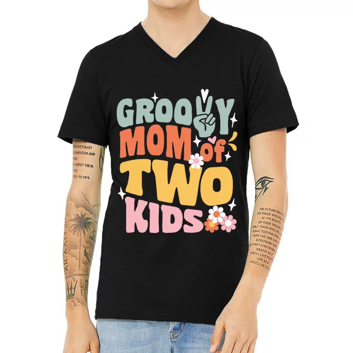 Mom of Two Back To School Groovy Mother's Day V-Neck T-Shirt