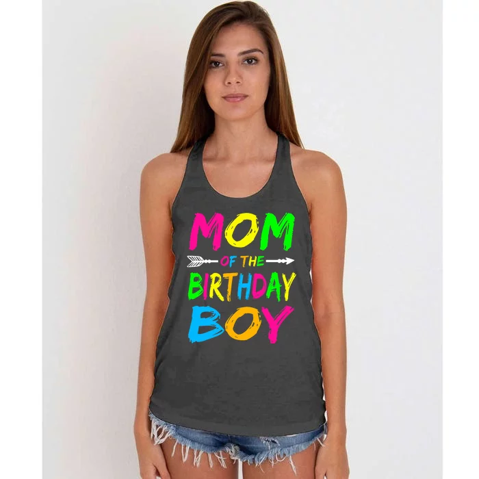 Mom of the Birthday Boy Glows Retro 80's Party Glow Women's Knotted Racerback Tank