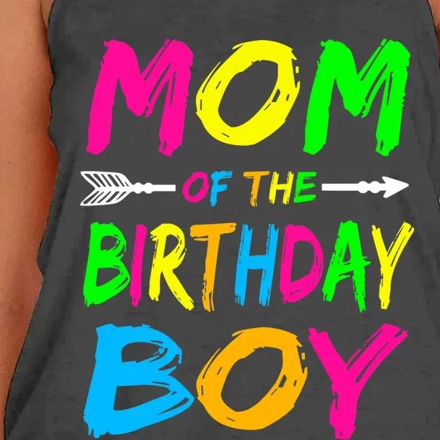 Mom of the Birthday Boy Glows Retro 80's Party Glow Women's Knotted Racerback Tank