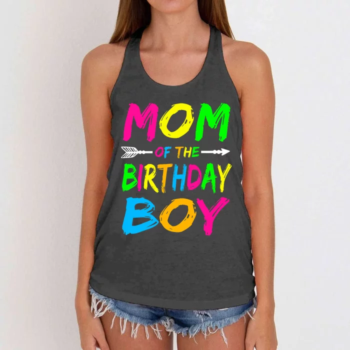 Mom of the Birthday Boy Glows Retro 80's Party Glow Women's Knotted Racerback Tank