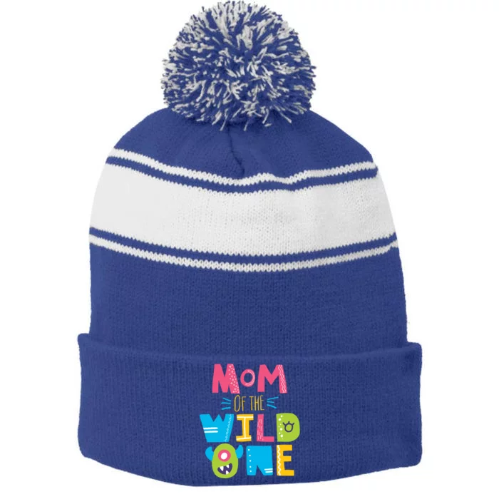 Mom Of The Wild One Year Old First Birthday Gift Stripe Pom Pom Beanie