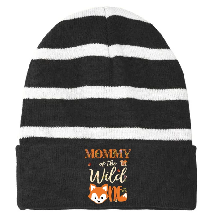 Mommy Of The Wild One Birthday Girl Fox Lover Mom Mother Striped Beanie with Solid Band