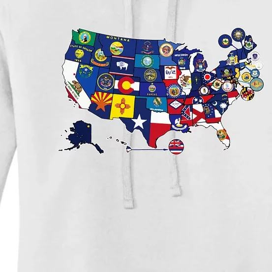 Map Of The United States With The Flag Of Every States Usa Women's Pullover Hoodie