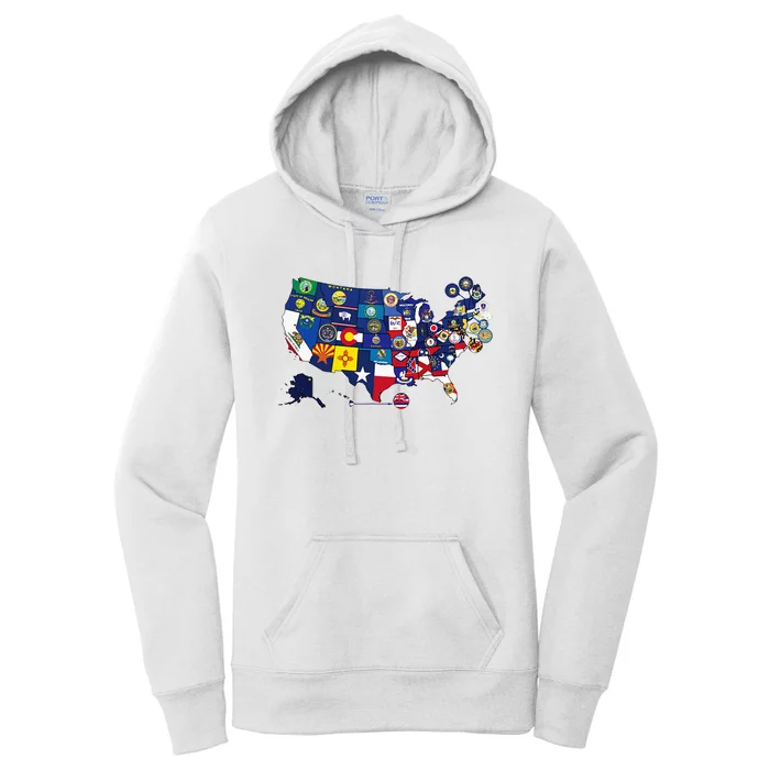 Map Of The United States With The Flag Of Every States Usa Women's Pullover Hoodie