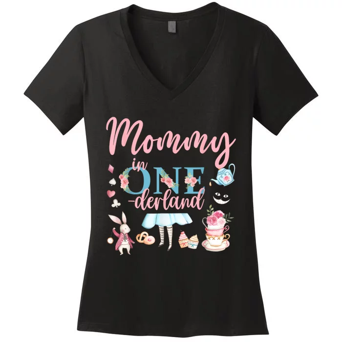 Mommy Of The Birthday Girl Mommy In Onderland 1st Birthday Women's V-Neck T-Shirt