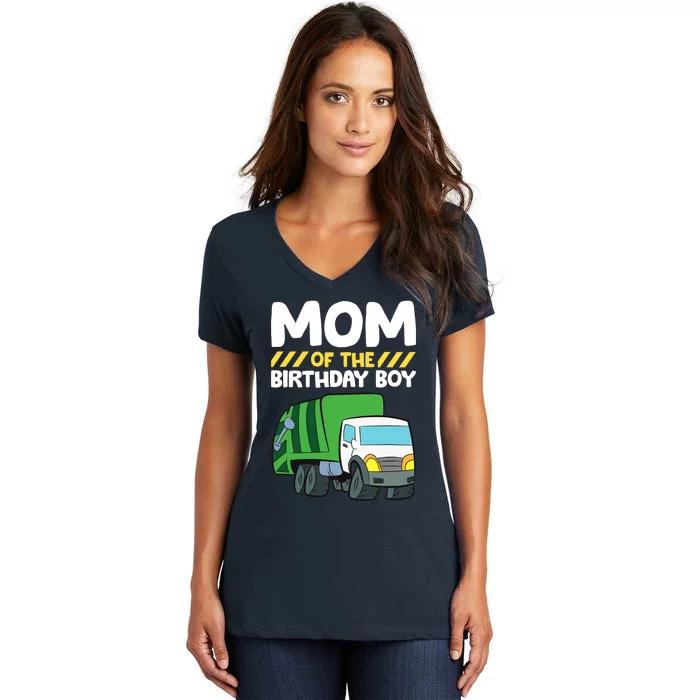 Mom Of The Birthday Boy Garbage Truck Birthday Party Women's V-Neck T-Shirt