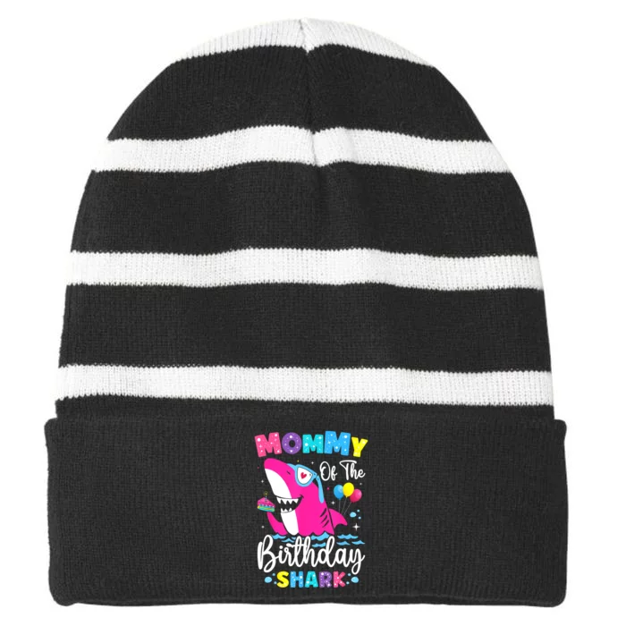 Mommy Of The Shark Birthday Mom Matching Family Striped Beanie with Solid Band