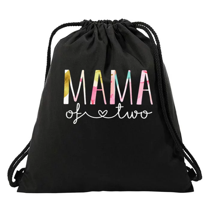 Mama Of Two Cute Floral Design Twin Mom Mother Of 2 Drawstring Bag