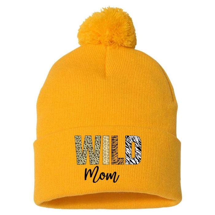 Mom Of The Wild One Zoo Birthday Safari Jungle Animal Pom Pom 12in Knit Beanie