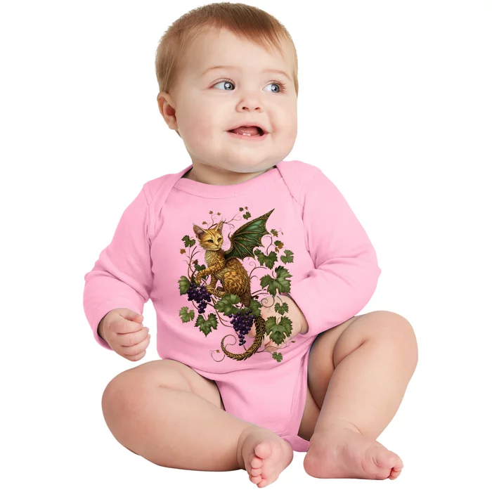 Mystical Orange Tabby Dragon Cat Fae With Grapevines Baby Long Sleeve Bodysuit