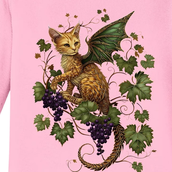 Mystical Orange Tabby Dragon Cat Fae With Grapevines Baby Long Sleeve Bodysuit