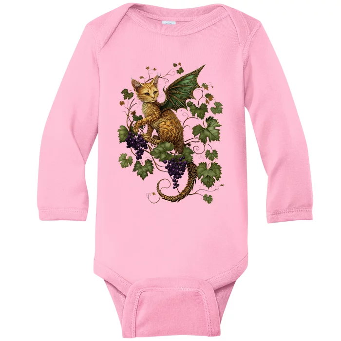 Mystical Orange Tabby Dragon Cat Fae With Grapevines Baby Long Sleeve Bodysuit