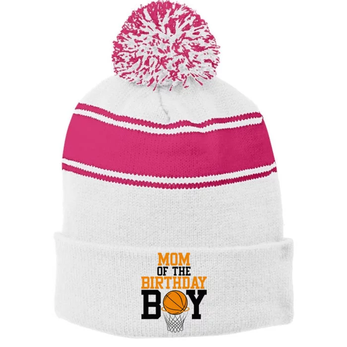 Mom Of The Birthday Boy Basketball Family Birthday Stripe Pom Pom Beanie