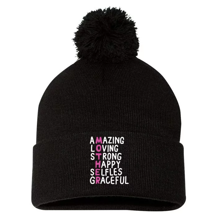 Mother Amazing Loving Strong Pom Pom 12in Knit Beanie