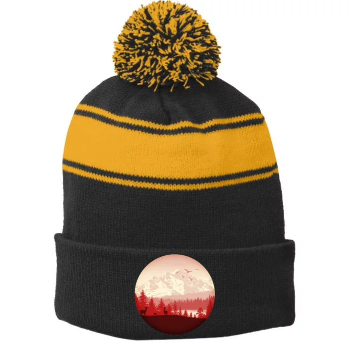 Mountain Wilderness Wildlife Stripe Pom Pom Beanie