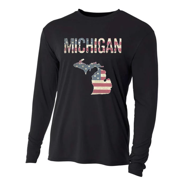 Michigan Patriotic 4th Of July Distressed Flag Great Lakes Cooling Performance Long Sleeve Crew