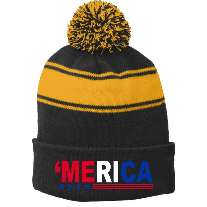 Merica Patriotic 4th Of July Stripe Pom Pom Beanie