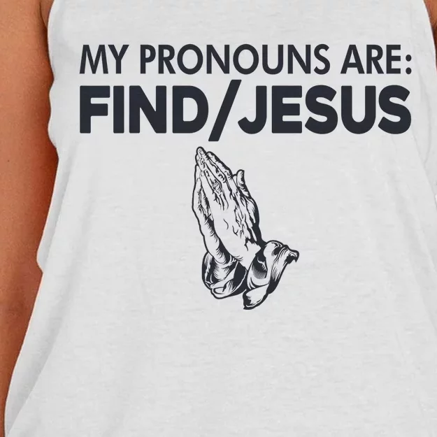 My Pronouns Are Find Jesus Christian Women's Knotted Racerback Tank