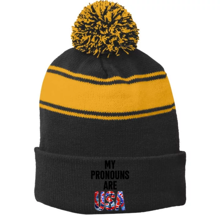 My Pronouns Are Usa 4th Of July American Flag Stripe Pom Pom Beanie