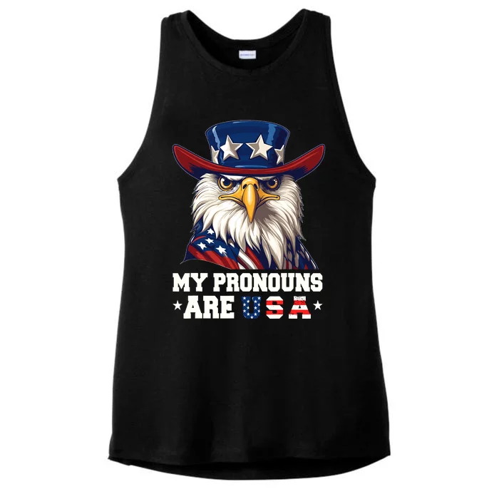 My Pronouns Are Usa Funny Eagle 4 July American Ladies Tri-Blend Wicking Tank