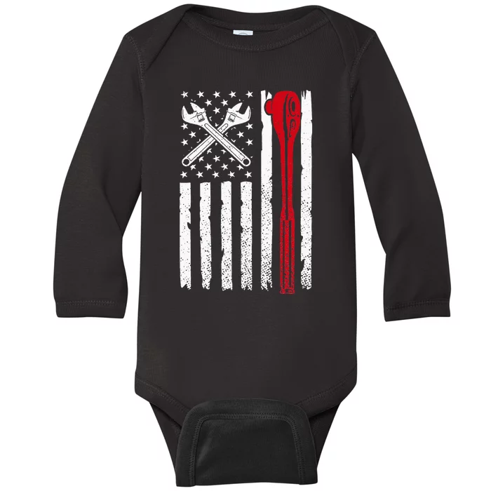 Mechanic Proud American Patriotic USA Flag of Tools Baby Long Sleeve Bodysuit