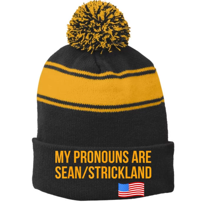 My Pronouns Are Sean / Strickland America Flag Stripe Pom Pom Beanie