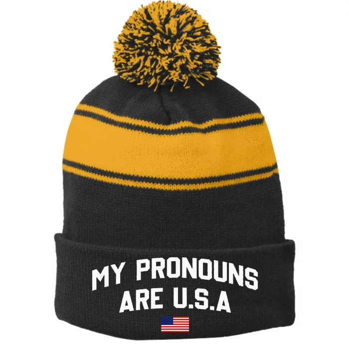 My Pronouns Are USA American Flag 4th Of July Stripe Pom Pom Beanie