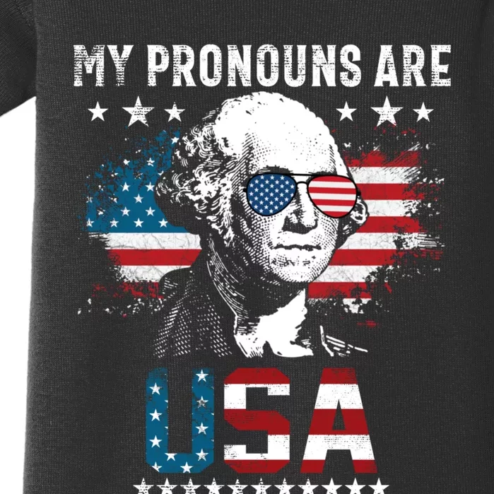 My Pronouns Are USA 4th Of July US American Flag Baby Bodysuit