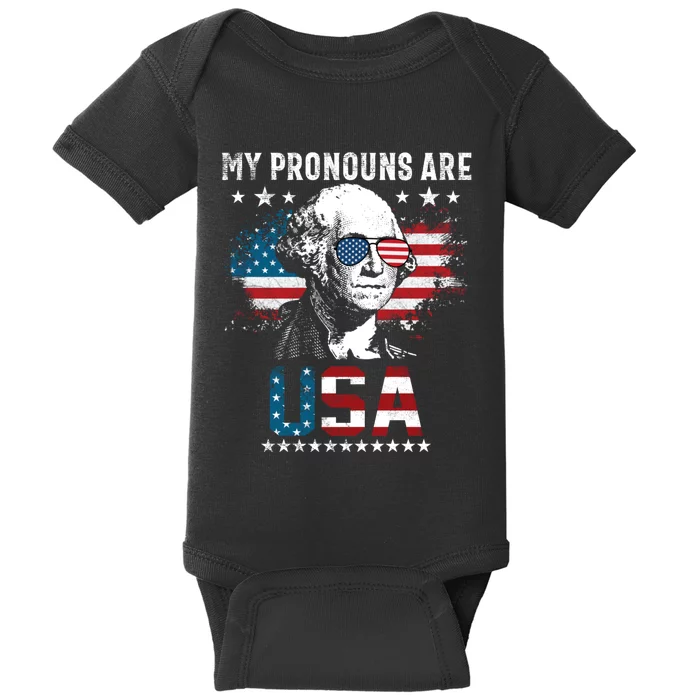 My Pronouns Are USA 4th Of July US American Flag Baby Bodysuit