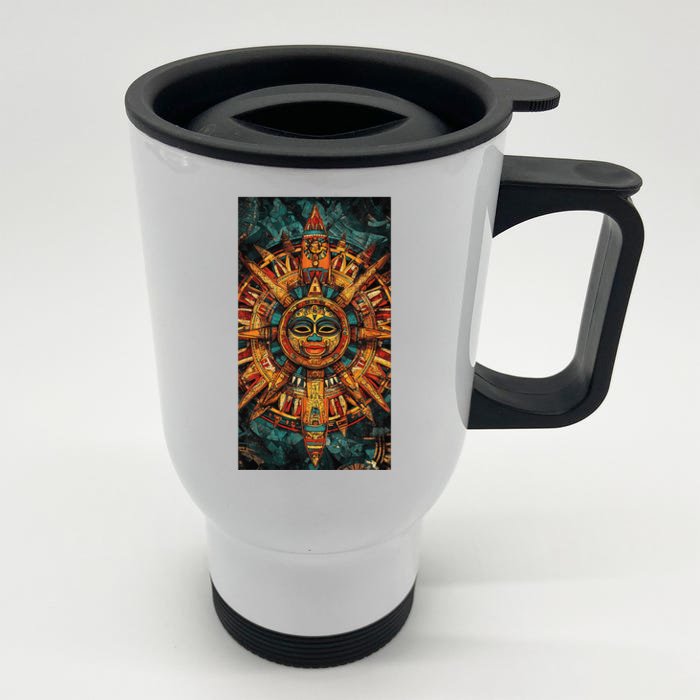 Mexico Patriotism Aztec Sun Tribal Art Bohemian Front & Back Stainless Steel Travel Mug