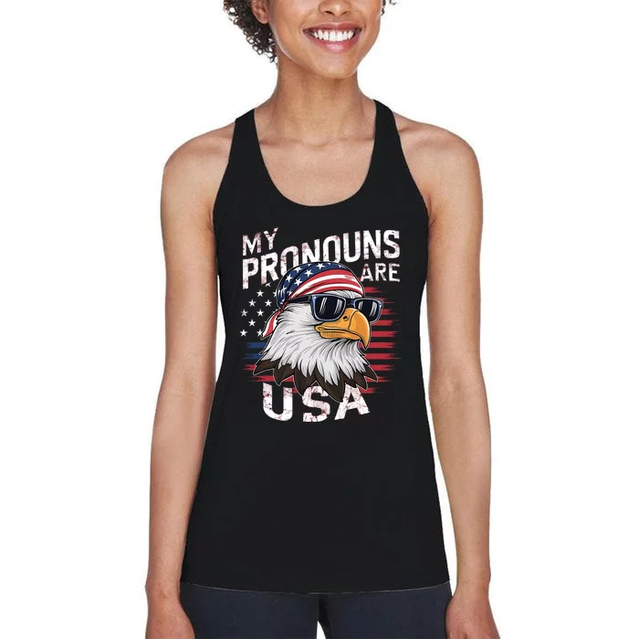 My Pronouns Are Usa Patriotic Eagle Funny 4th Of July Women's Racerback Tank