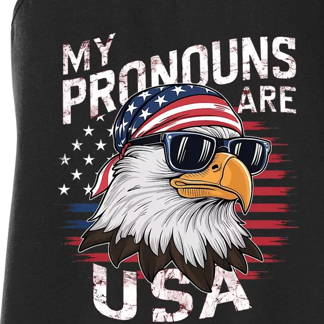 My Pronouns Are Usa Patriotic Eagle Funny 4th Of July Women's Racerback Tank