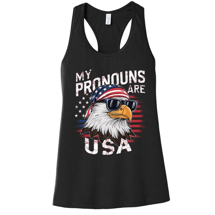 My Pronouns Are Usa Patriotic Eagle Funny 4th Of July Women's Racerback Tank