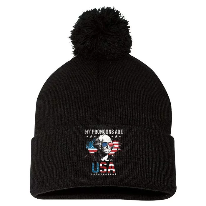 My Pronouns Are USA George Washington 4th Of July US Flag Pom Pom 12in Knit Beanie