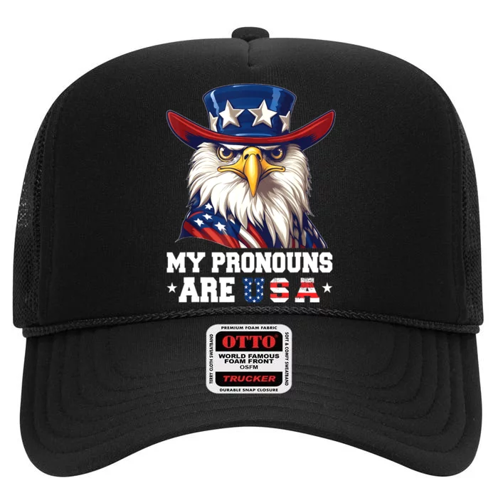 My Pronouns Are USA Funny Eagle 4th Of July American High Crown Mesh Trucker Hat