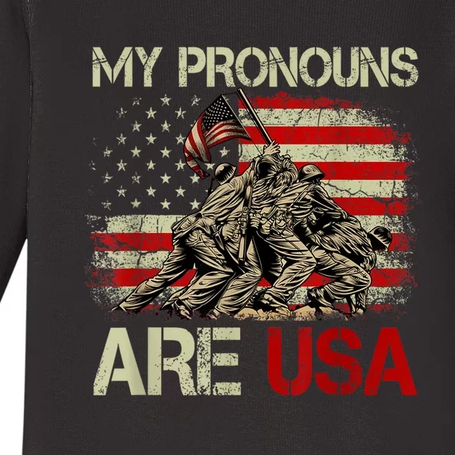 My Pronouns Are Usa 4th Of July American Flag Tie Dye Baby Long Sleeve Bodysuit