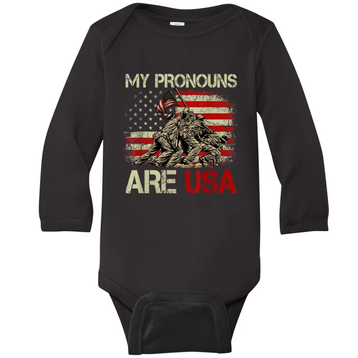 My Pronouns Are Usa 4th Of July American Flag Tie Dye Baby Long Sleeve Bodysuit