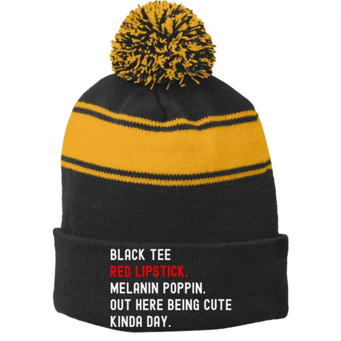 Melanin Poppin Black Print Red Lipstick Saying Stripe Pom Pom Beanie