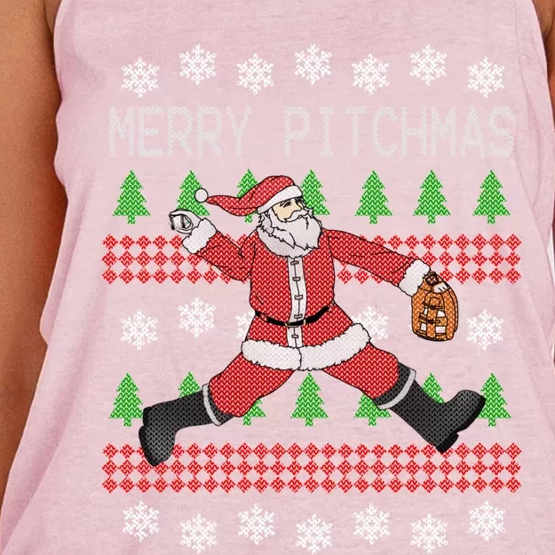 Merry Pitchmas Baseball Pitcher Funny Santa Christmas Gift Women's Knotted Racerback Tank