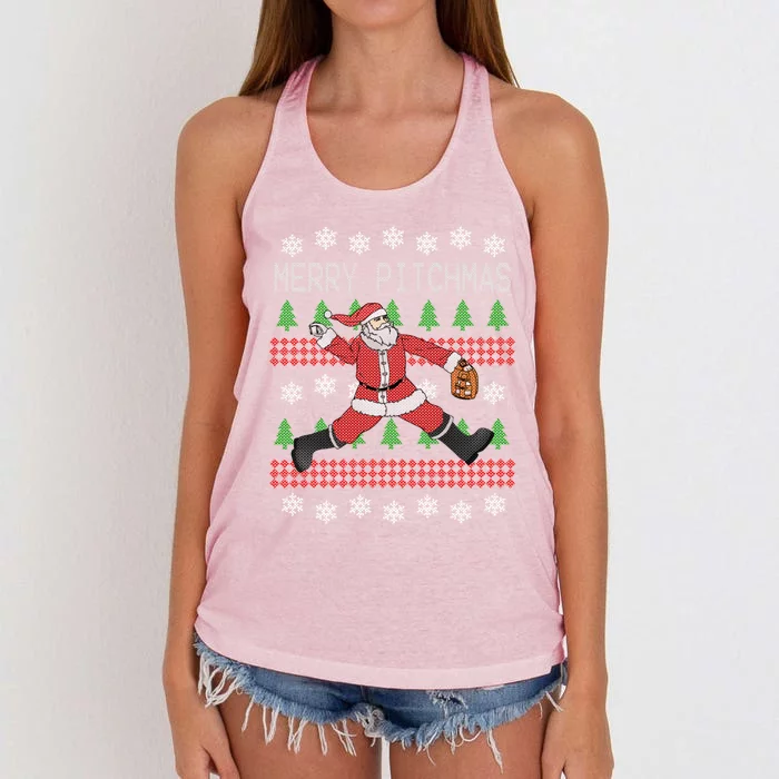 Merry Pitchmas Baseball Pitcher Funny Santa Christmas Gift Women's Knotted Racerback Tank