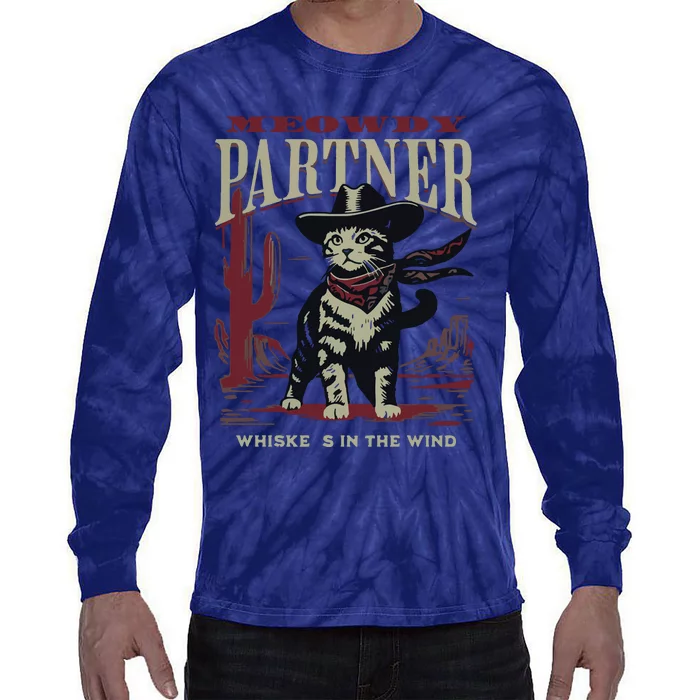 Meowdy Partner Cowboy Cat Vintage Cowboy Tie-Dye Long Sleeve Shirt